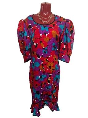 NEW VINTAGE FLORA KUNG New York Dress Silk Floral sz 8 - 3/4  Sleeve - LINED